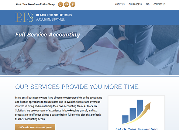 Screenshot of an accounting firms website, showing the Black Ink Solutions logo, a headline reading Full Service Accounting, a section titled Our Services Provide You More Time, and a chart with an upward trend.