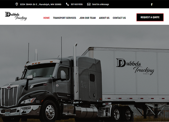 A silver semi-truck with Dubbels Trucking branding on door and trailer is parked. The website menu and contact options are displayed at the top of the image.