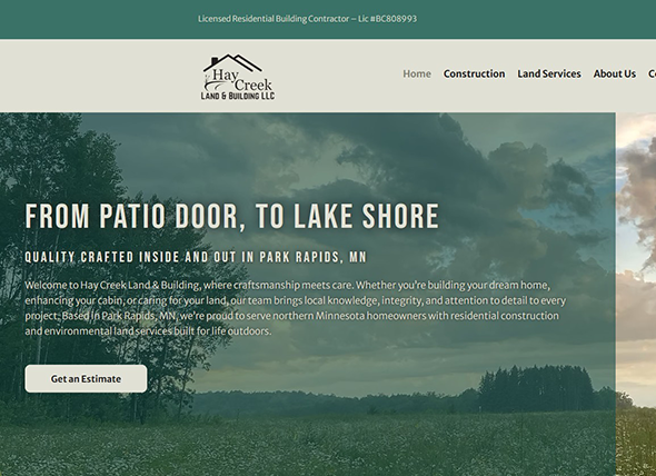 Screenshot of Hay Creek Land & Building LLC website, featuring a scenic image of a lake and trees with text promoting residential construction services in Park Rapids, MN, and a “Get an Estimate” button.