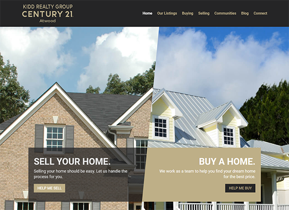 Website homepage for Kidd Realty Group Century 21, featuring two houses. Left side promotes selling homes with a HELP ME SELL button; right side promotes buying a home with a HELP ME BUY button. Top menu includes navigation links.