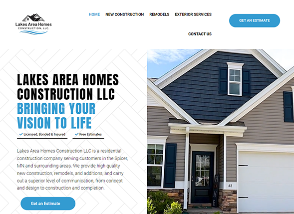 Screenshot of a construction company website featuring a modern two-story house, the Lakes Area Homes Construction LLC logo, and text promoting new construction, remodels, and free estimates, with a prominent Get an Estimate button.