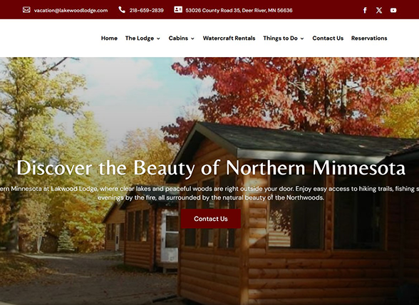Website homepage for Lakewood Lodge features wooden cabins surrounded by colorful autumn trees. Header includes contact info and navigation menu. Main text reads, Discover the Beauty of Northern Minnesota.