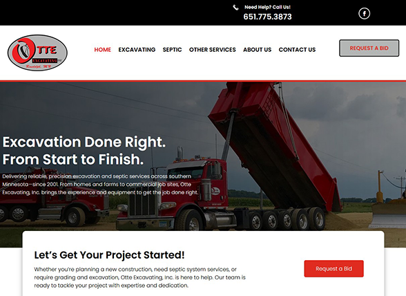 Screenshot of a website for Otte Excavating, showing a red dump truck unloading dirt, navigation menu, company contact info, and a section inviting users to request excavation or septic system services.