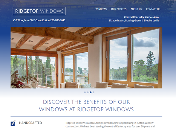 A website for Ridgetop Windows features large scenic windows in a wooden-beamed room. Navigation options and contact details are at the top, with a banner reading “Discover the benefits of our windows at Ridgetop Windows.”.